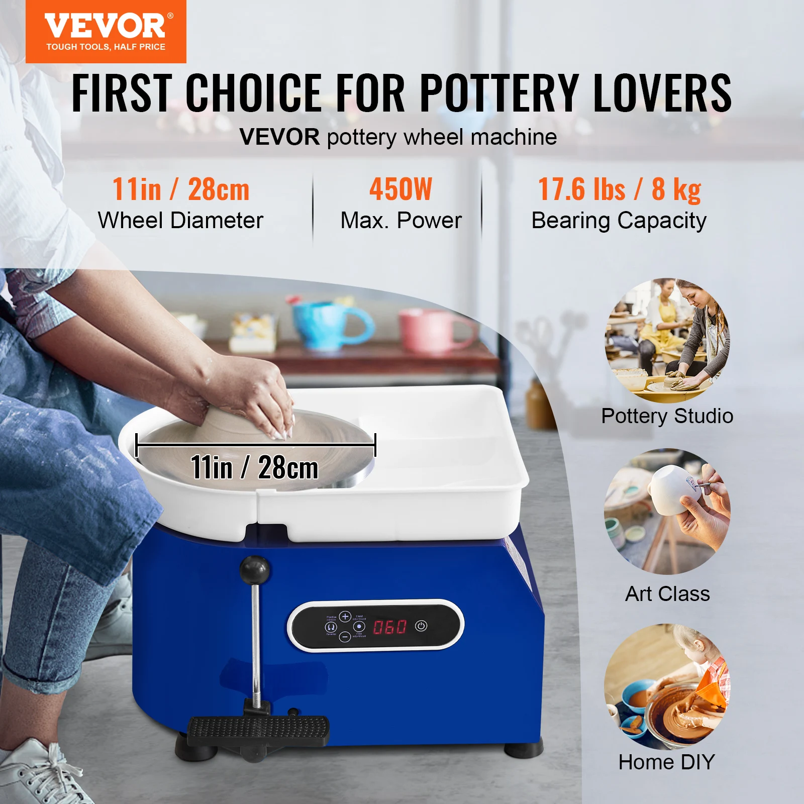 VEVOR 11in Pottery Wheel Ceramic Forming Machine Adjustable 60-300RPM Speed Handle and Foot Pedal Control ABS Detachable Basin 2