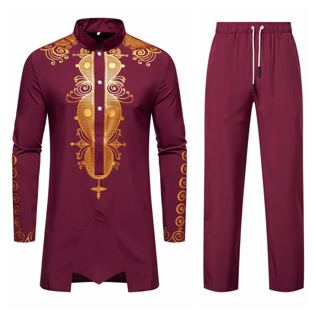 thumbnail image 1 of Conjunto de 2 piezas para hombre, traje africano, camisa dashiki de manga larga y pantalón, conjunto de ropa étnica informal con estampado dorado, ropa de calle tradicional, 1 of 5