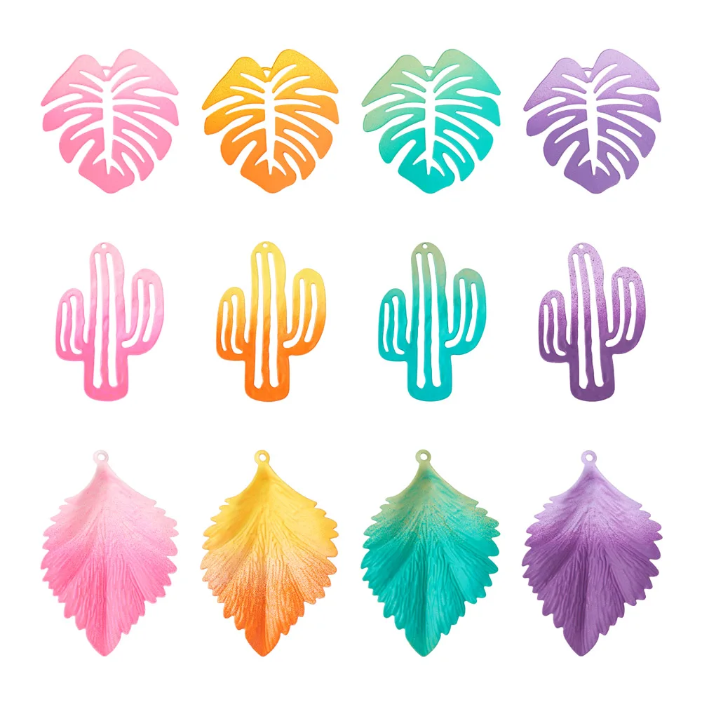 

24pcs Gradient Color Iron Filigree Leaf Pendants Spray Painted Plant Charms for DIY Necklace Summer Boho Jewelry Making Supplies