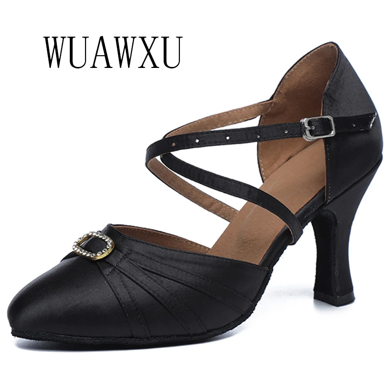 NATASHA2023 New Baotou Latin Dance Shoes with Diamond Buckle Female Adult Soft Sole Dance Shoes Medium High Heel Square Social D