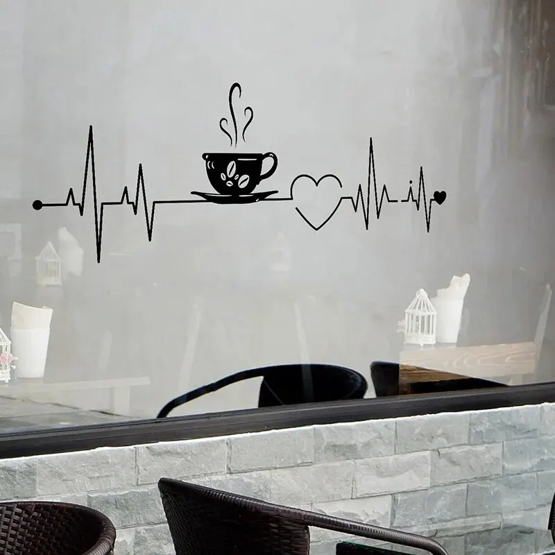 1pc Coffee Love Electrocardiogram Removable Waterproof Vinyl Wall Sticker Kitchen Living Room Coffee Shop Wall