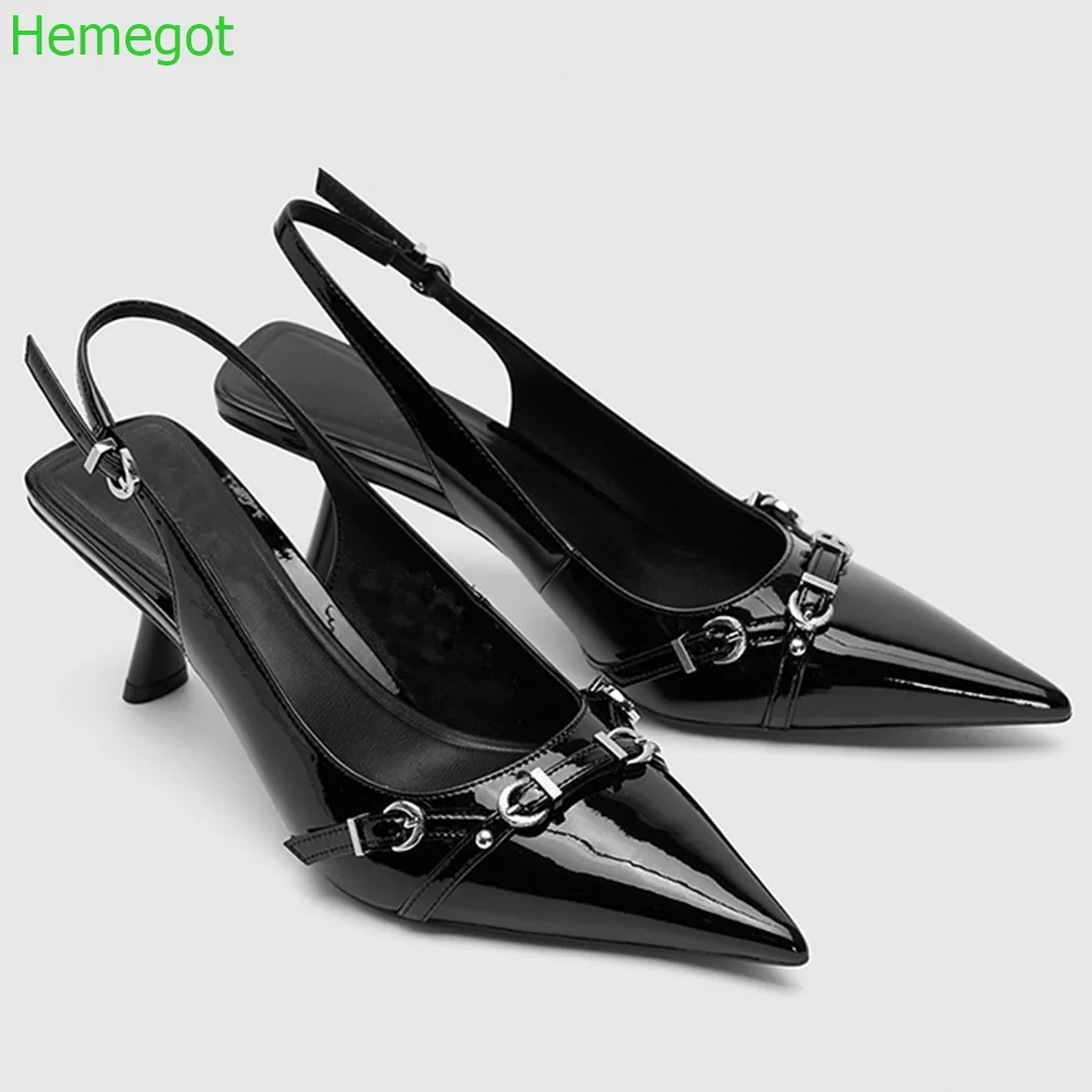 

Metal Buckle Patent Leather Ladies Sandals 2024 Novel Pointed Toe Shallow Thin High Heels Fashion Women Sandals Black 6cm Shoes