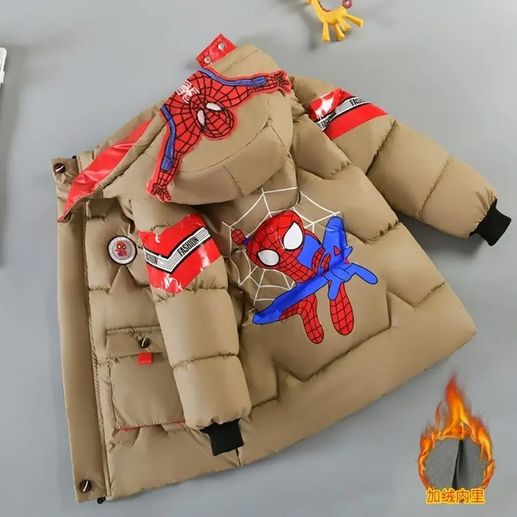 Children Warm Cotton-padded Coat Winter Kids Boys Cartoon Spider Man Hooded Parka Toddler Plush Thick No Wash Outerwear