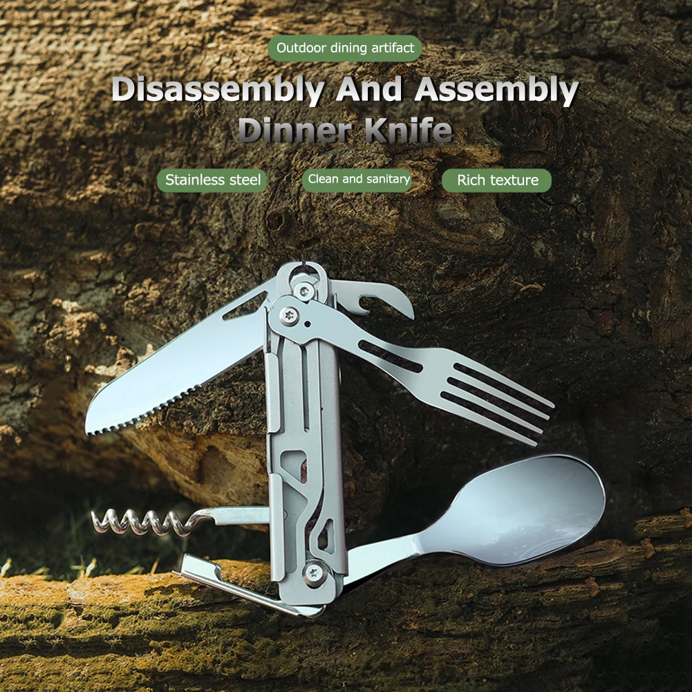 6 in 1 Multifunctional Camping Cutlery Foldable Portable Can Bottle Opener EDC Tool Smooth for Picnic Hiking for Travelling BBQ