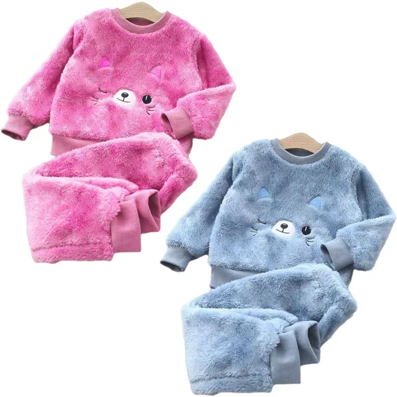 

New Winter Pajamas Set Baby Boy Girl Thicken Pajamas Set Flannel Fleece Toddler Child Warm Catoon Sleepwear Kids Home Suit 0-6Y