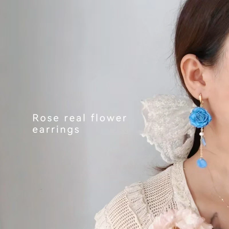 Elegant Immortal Rose Long Earrings Epoxy Resin Real Rose Flower 5