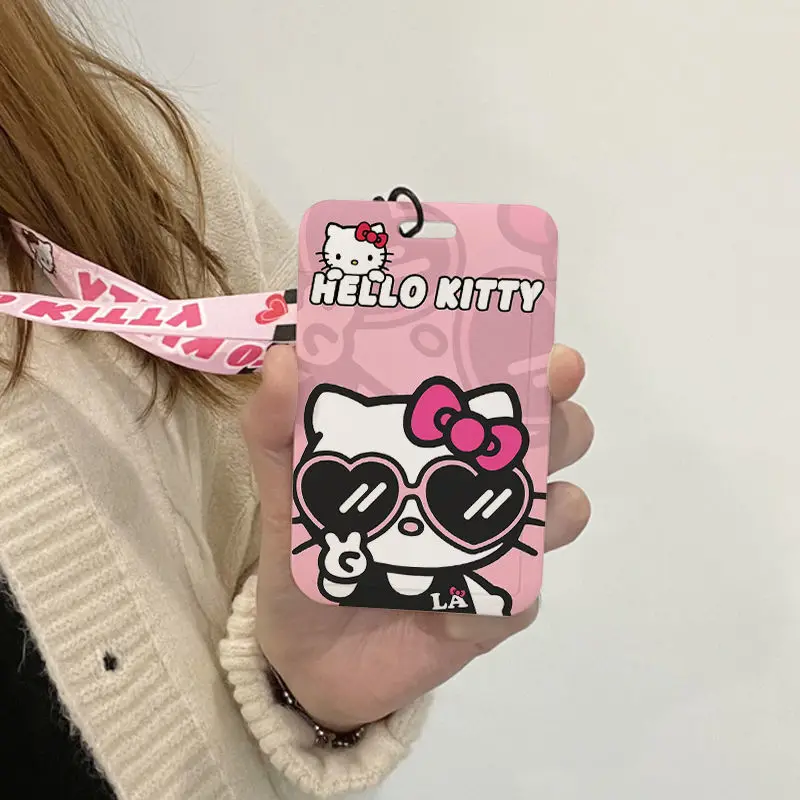 

MINISO Cute Hello Kitty ID Card Holder for Girl Women with Nylon Lanyard Cartoon Badge Case for Employee Badge Student ID