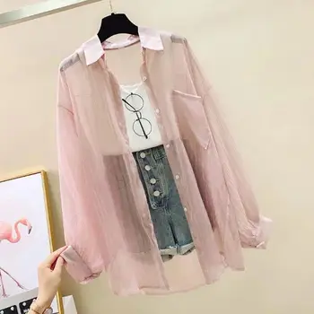 Summer Sunscreen Shirt Elegant Perspective Thin Chiffon Blouse Korean Harajuku See Through Loose Top Casual Women's Cardigan 6