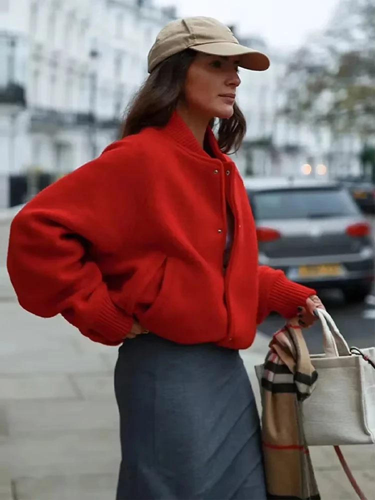 HH Women Red Loose Casual Jacket Coat Simple Single Breasted Long Sleeve Baseball Jacket Fashion Spring Autumn Maternity Top