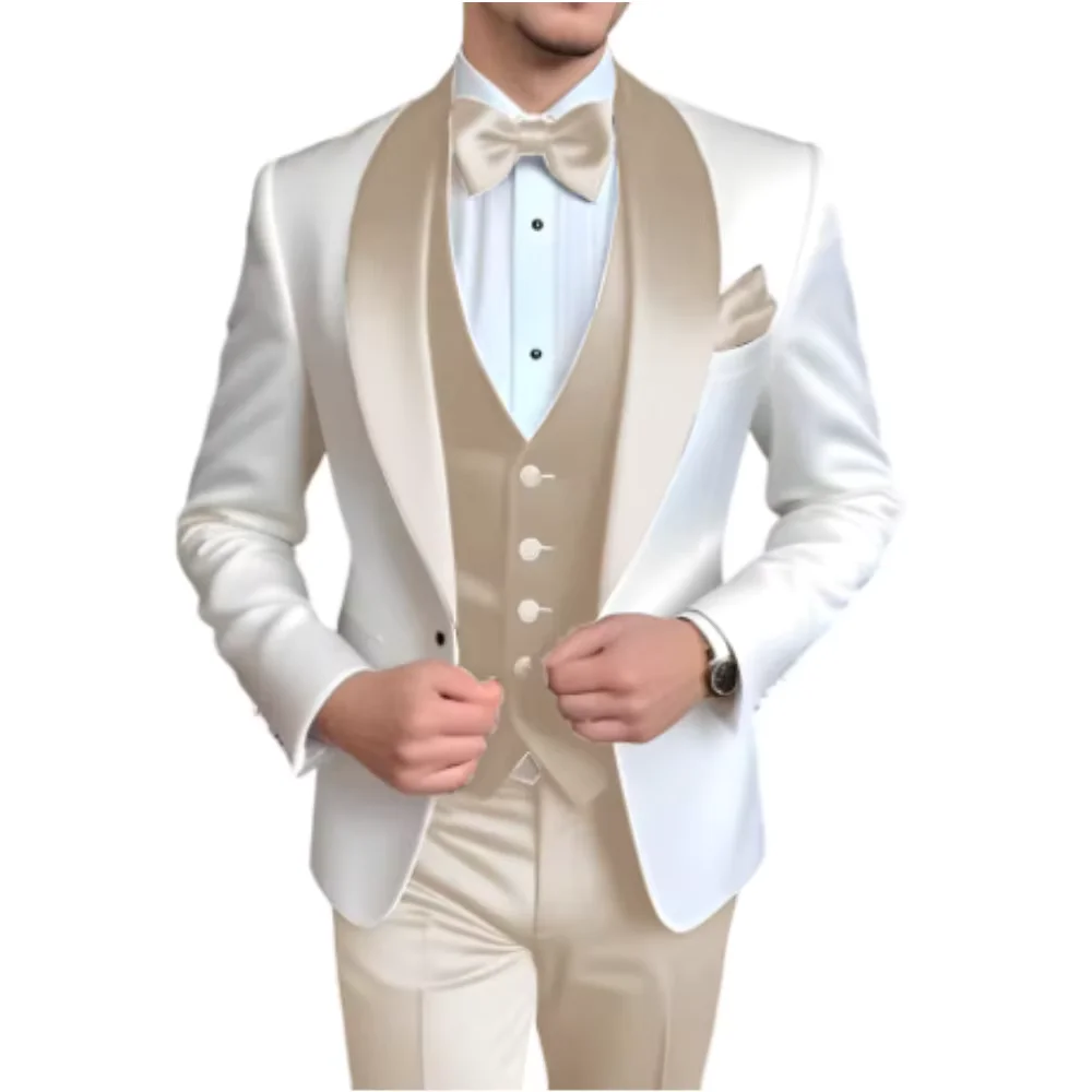 Solid Color Slim Fit Men's Tuxedo 3-Piece Set Fashion Business Wedding Suit with Shawl Lapel Blazer Vest Pants for Groom Party