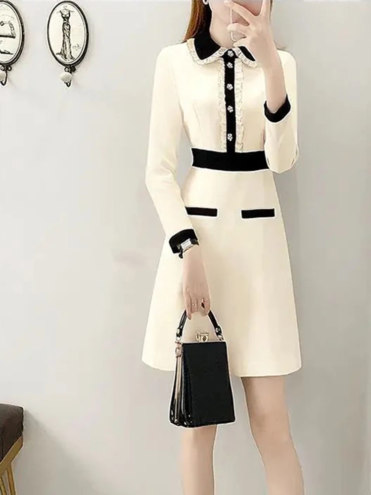 

Autumn 2023 New Elegant Retro French Women Dress Slim A Line Female Dresses