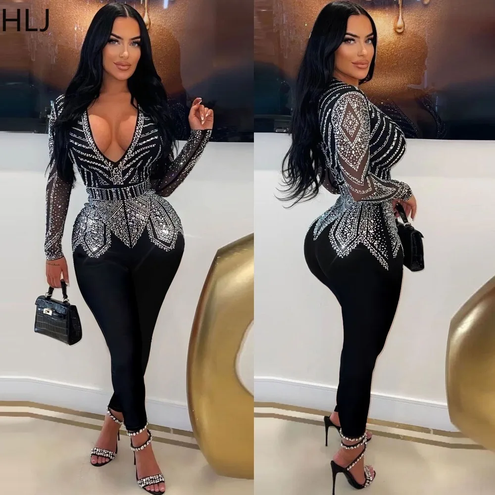 HLJ Sexy Deep V Rhinestones Bodycon Party Nightclub Jumpsuits Women Long Sleeve Skinny Pants Playsuits Female Slim Clothes Black