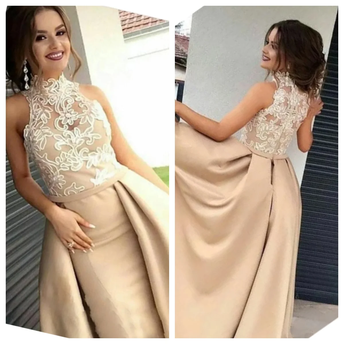 

Happy Dress Custom Wedding Party Dress High Neck Lace Appliques Formal Evening Dress A-Line Satin Prom Party Dress Bridal Gown