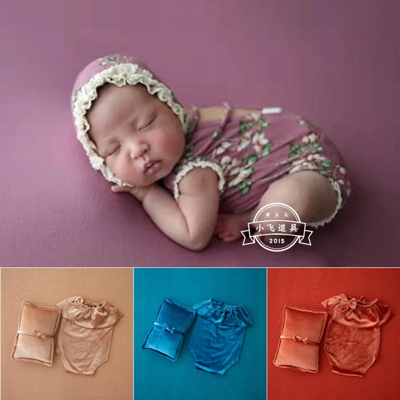 Dvotinst Newborn Baby Girls Photography Props Velvet Outfits Pillow Headband Hat Romper Set Fotografia Studio Shoot Photo Props