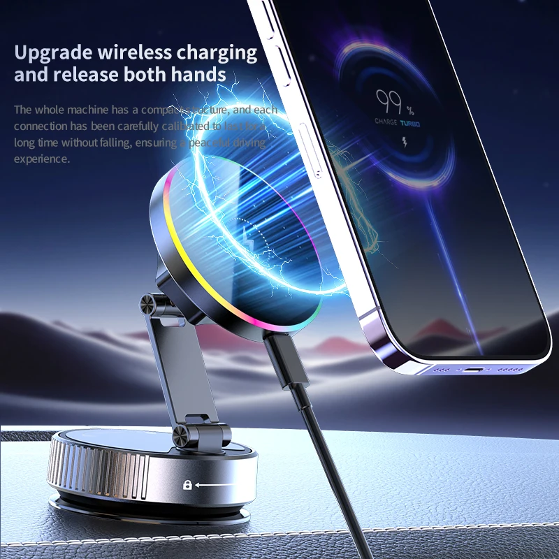 15W Wireless Car Charger with RGB Lighting and Vacuum Suction Cup
