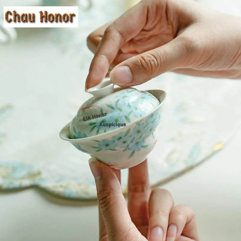 55ml Pure Hand-painted Blue Star Flower Gourd Gaiwan Retro Tea Tureen Tea Bowl With Lid Kit Tea Making Cover Bowl Tea Ceremony
