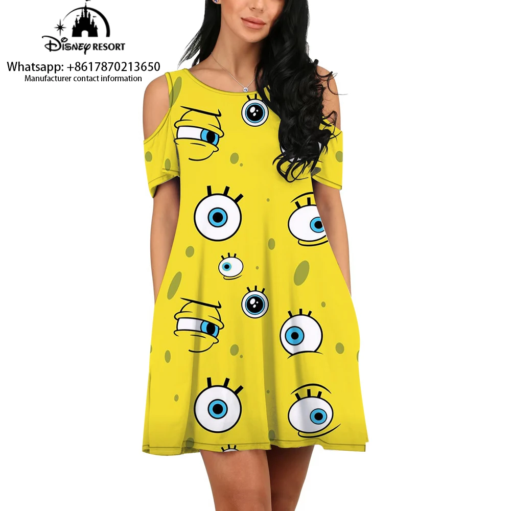 Summer 3D Dress 2024 New Fashion Women's Casual Spongebob Cartoon Print Round Neck Off-shoulder Dress