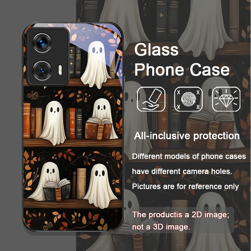 Tempered Glass Halloween Pumpkin Ghost Bookshelf Phone Case Cover
