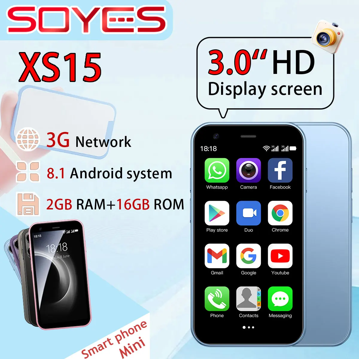 SOYES XS15 Blue Mini Smartphone Android 8.1 3.0-inch Display Android 8.1 2/16 Storage Dual SIM Dual Standby Support Play Store