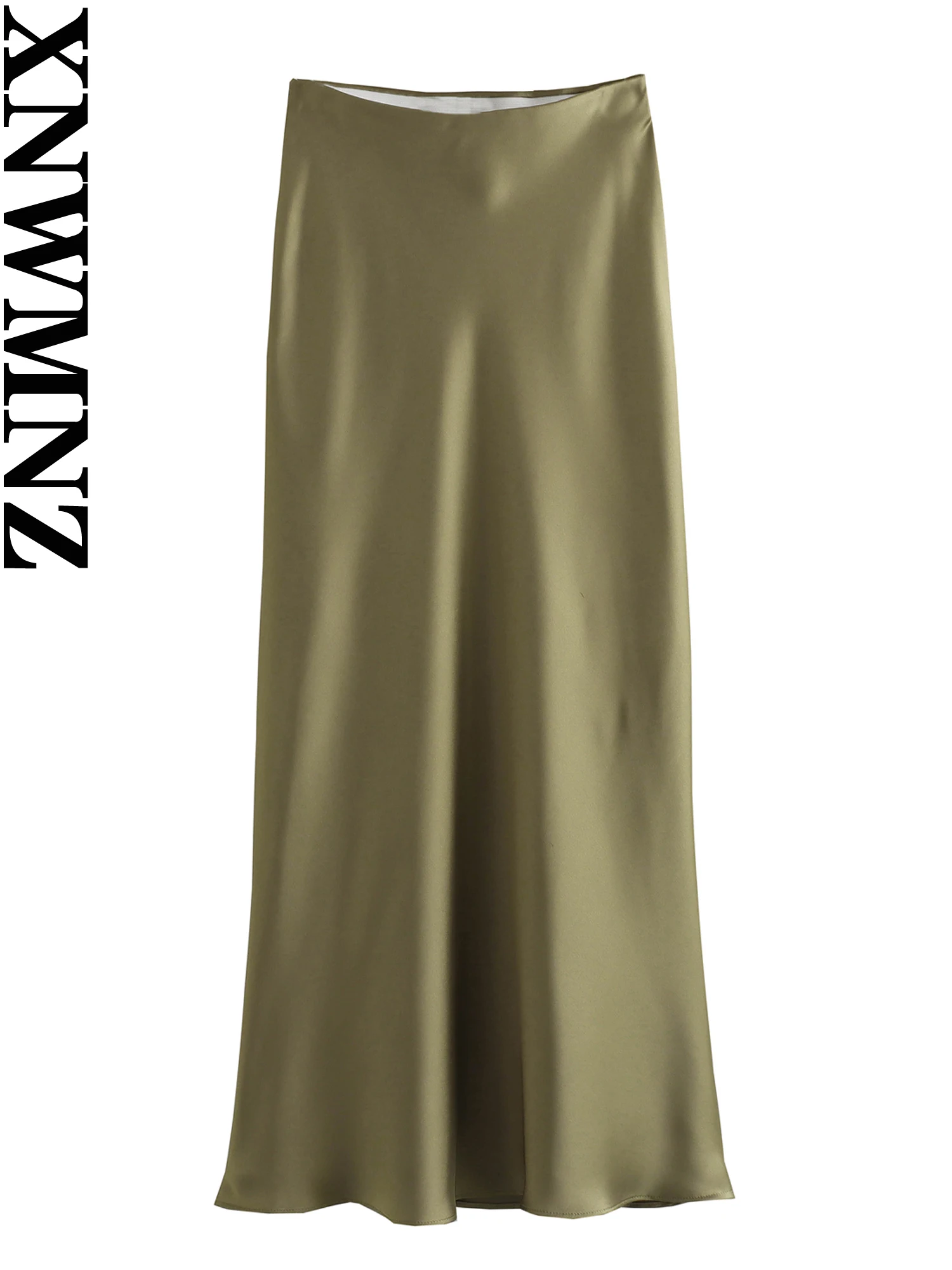 XNWMNZ Women s Fashion 2023 Flowing Satin Midi Skirt Women Vintage Elastic High Waist Flared hem