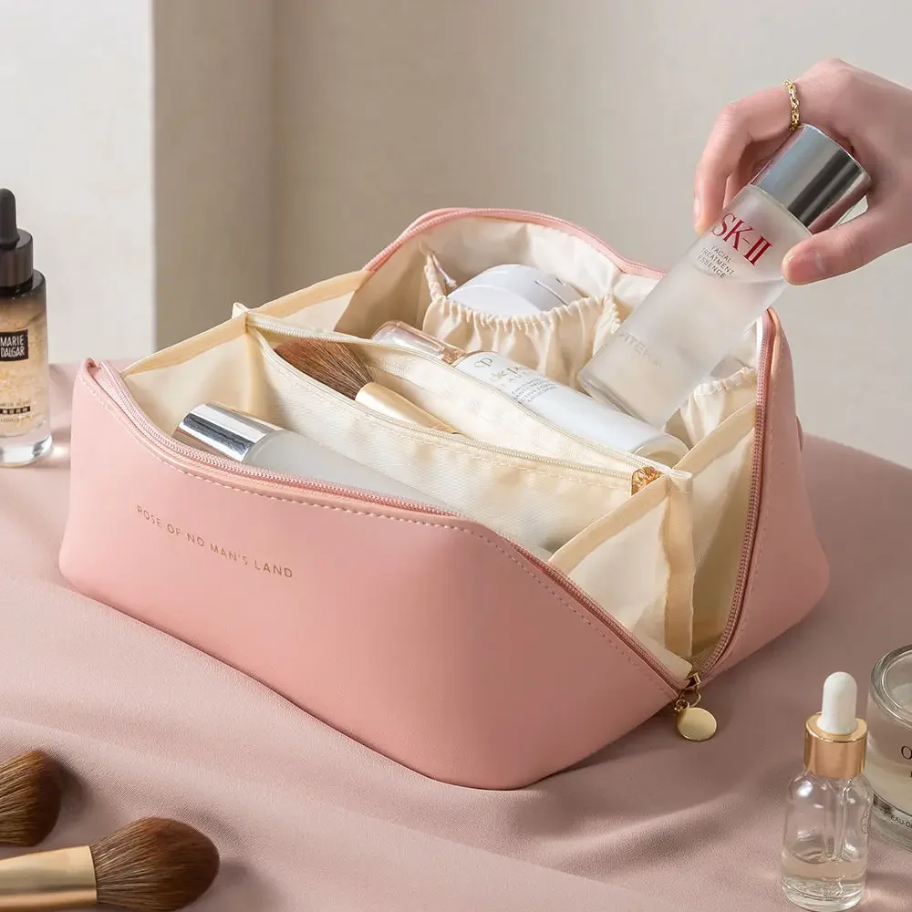 Portable Large Travel Cosmetic Bag Cosmetic Makeup Storage  for Women Leather Makeup Organizer Female Toiletry Pouch Zipper Bag 3