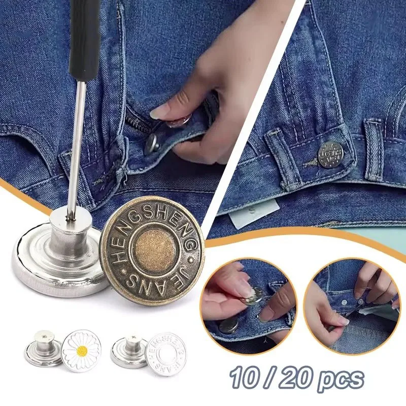 10/20/30pcs 드라이버가있는 청바지 단추 의류 바지 바느질 액세서리 허리 버클 17mm 네일 프리 허리 확장 버튼