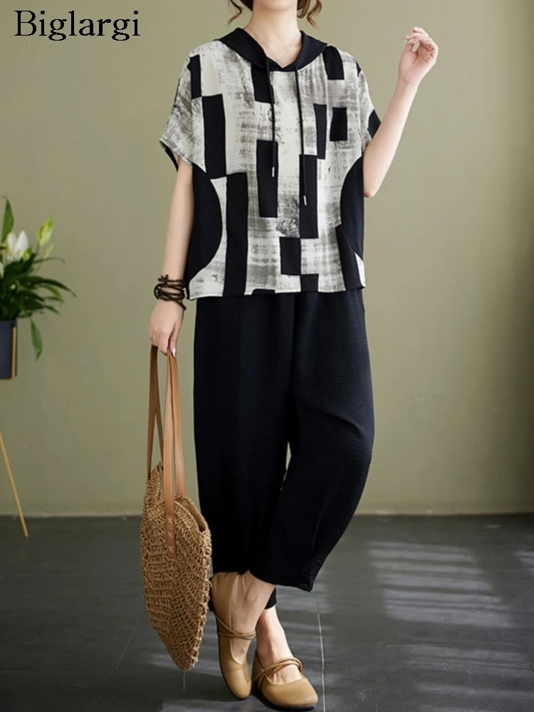

Женский брючный костюм из 2 предметов, Повседневная Блузка с коротким рукавом и принтом с капюшоном, эластичные брюки с высокой талией и широкими штанинами для лета