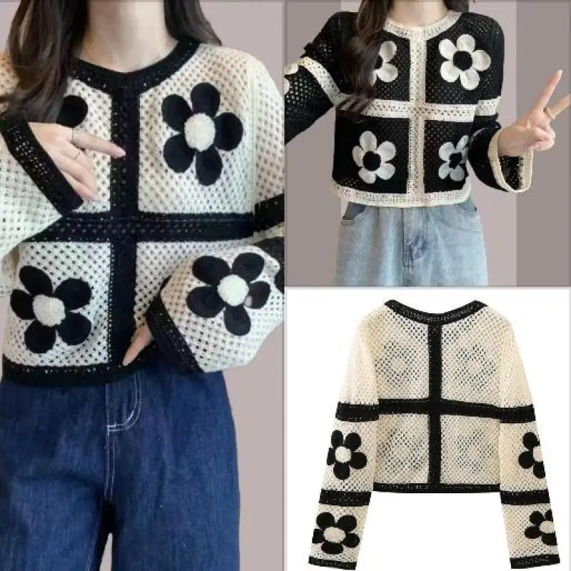 

Retro Top Women Floral Hollow Knitted Chiffon Patchwork Long Sleeve Cropped Tops