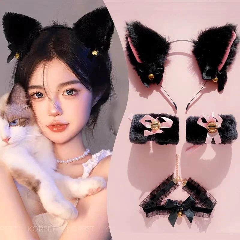 

1Set Lolita Cat Ear Headband with Bell Chocker Necklace Girl Plush Furry Cat Ear Hair Band for Women Girls Cosplay Party Dress