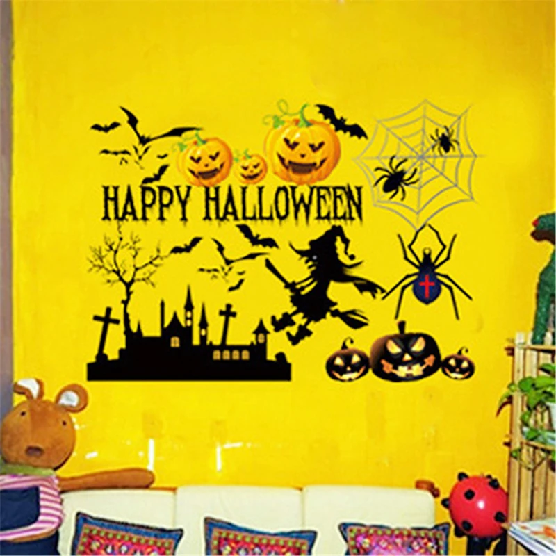 

Hallowmas Pumpkin Cat Witch Bats Spider Ghost Halloween Wall Stickers For Kids Room Home Decoration Festival Poster PVC Decal