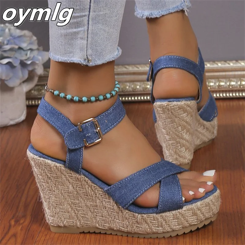 

Large wedge heel sandals for women 2023 summer new thick soled Denim buckle women's shoes