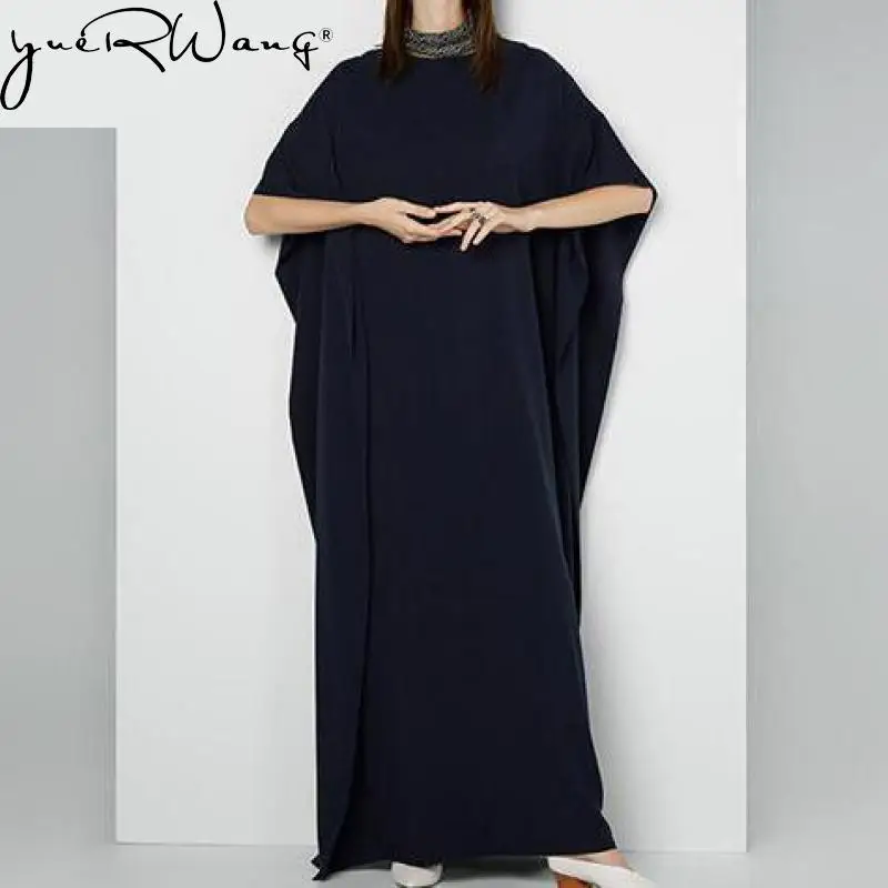 

yuerwang Women Dress 2023 Spring Summer Batwing Sleeve High Waist Patchwork Loose Leisure Long Pleated Dress New Arrival