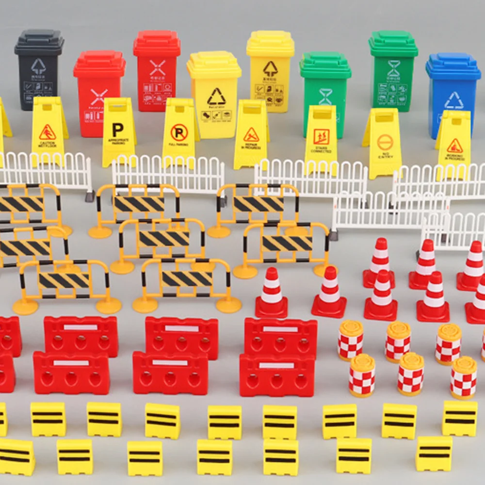 Mini Traffic Signs Construction party Street Signs Playset Traffic Cones Yellow Warning Sign Garbage Can Safety Education Toys
