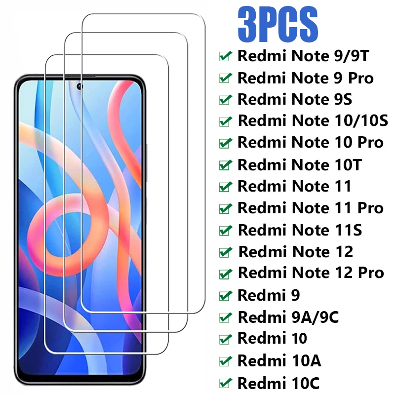 

3Pcs Full Cover Protective Glass for Xiaomi Redmi Note 10 11 12 9 Pro 10S 9S 11S Screen Protector Redmi 9C 9T 9A 10C 10A Glass