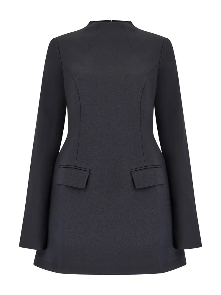 Female Autumn Elegant Mini Dress Women's Pocket Patchwork Slim Long Sleeve Commute Clothes Female Solid Casual Mini Dress