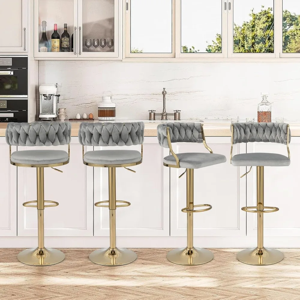 Velvet Adjustable Bar Stools, Max Load 400 Lbs, Modern Upholstered Swivel Barstools with Woven Back