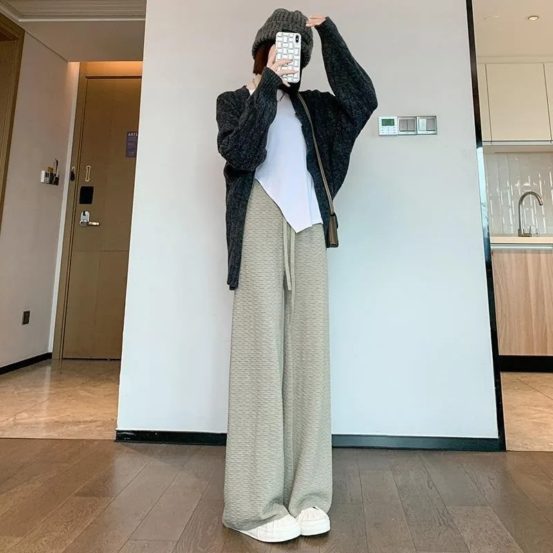 

Knitted pants women solid color high waisted casual pants Korean with elastic three-dimensional plaid micro flared pants female