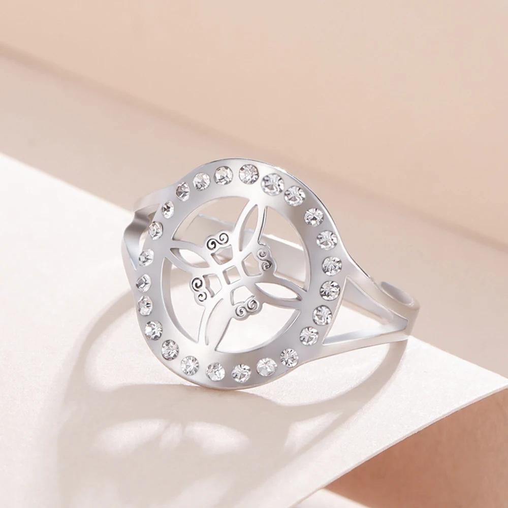 Dawapara Hexenknoten-Ring mit klarem Zirkon, Wicca, verstellbarer Damenring, Edelstahl, religiöser Schmuck, Jahrestag, Geburtstag – Detail 19