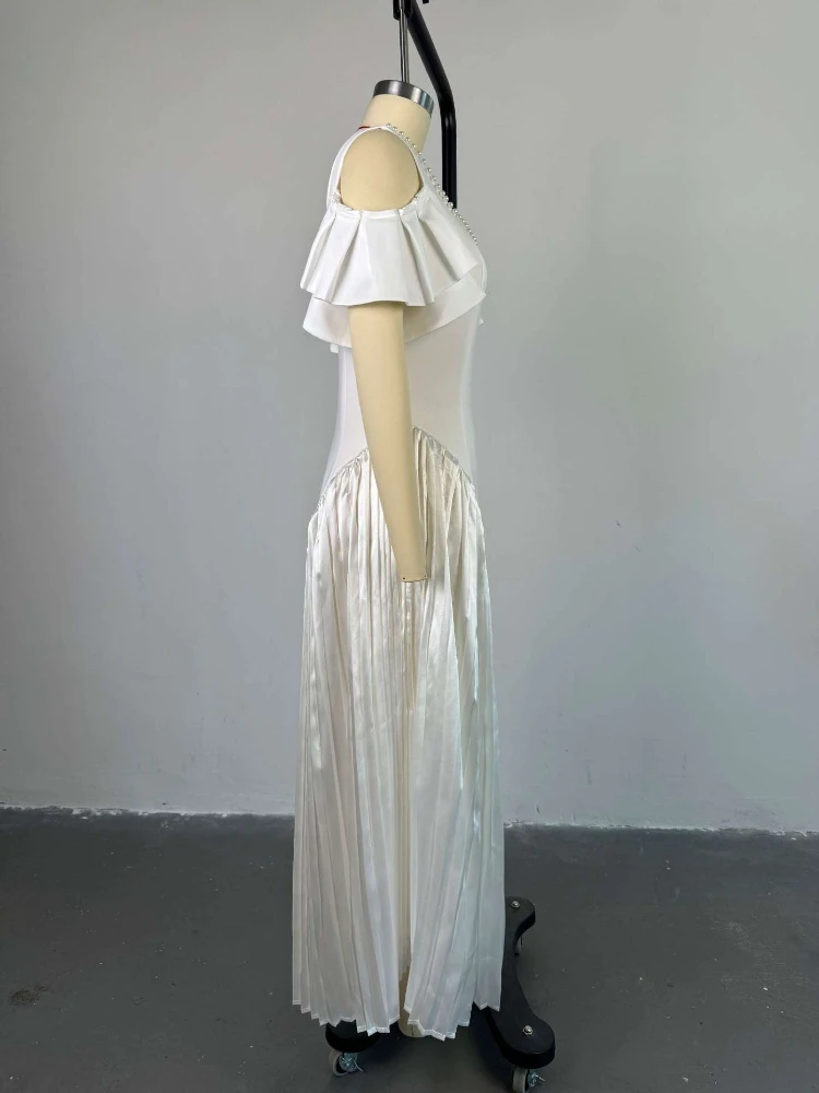 AOMEI Abiti eleganti slim fit da donna senza spalline Abito bianco pieghettato alla caviglia con maniche corte a farfalla e scollo a U - immagine 5