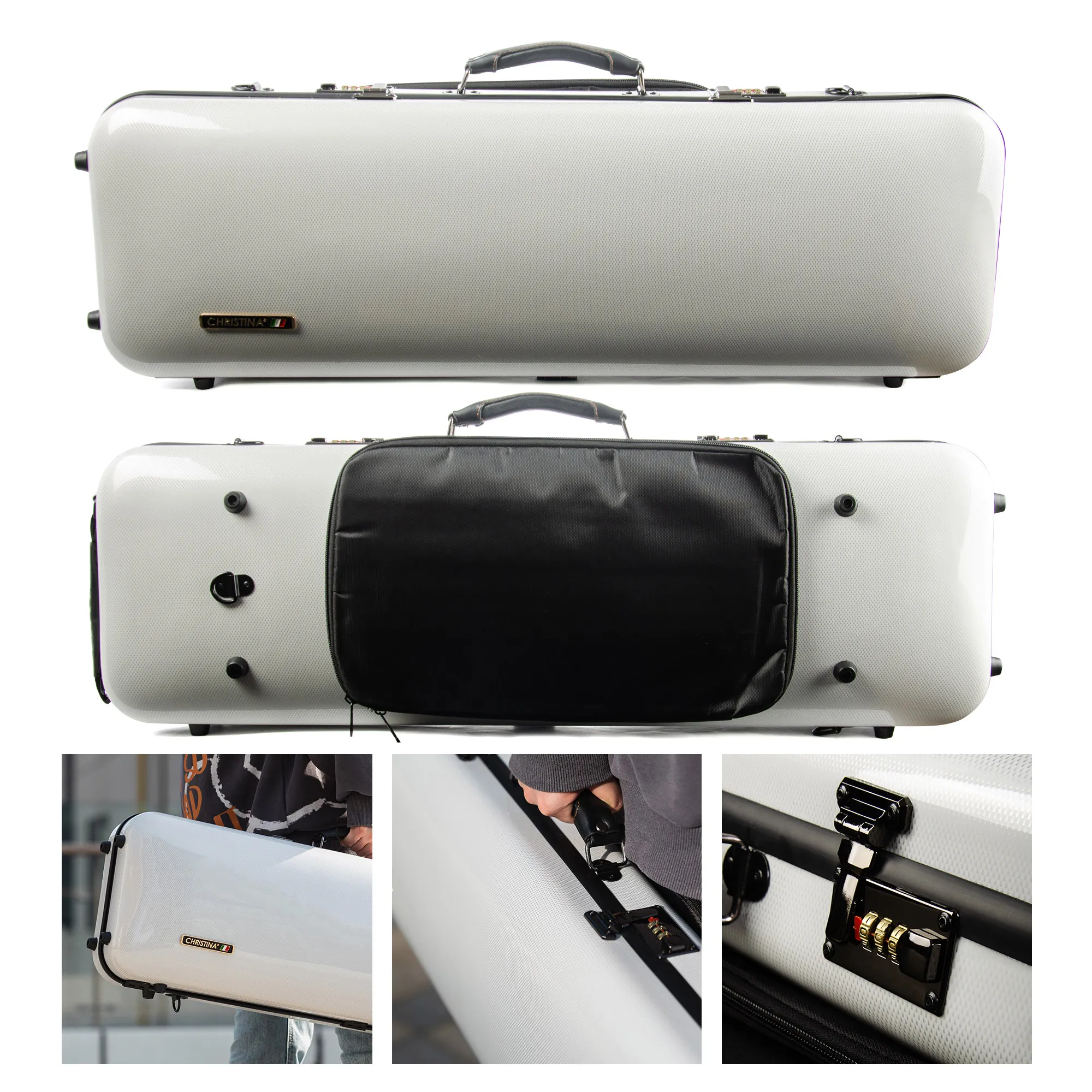 

CHRISTINA Carbon Fiber Violin Case, New Rectangle BV01WT White Dots, Waterproof Lightweight, Sheet Music Bag Code Lock Extra Bag