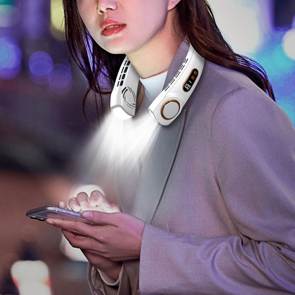 1800mAh USB Hanging Neck Fan Portable Bladeless Mini Rechargeable Mute LED Digital Display 5 Speed Electric Air Cooler Handheld