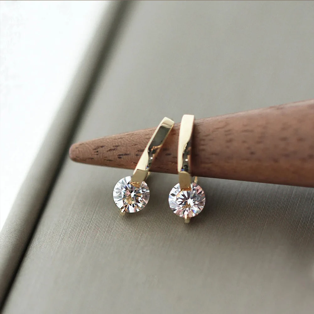 Stud Earrings Gold Color Metal Bar Round Cubic Zirconia Stone For Women Bowknot Shape CZ Post Classic Sparkling