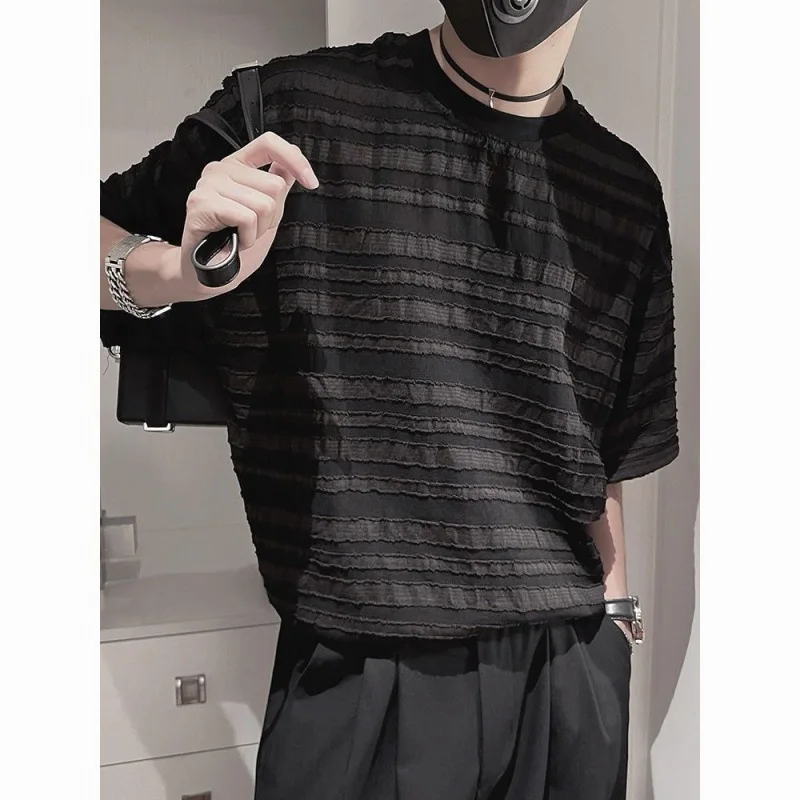 HOUZHOU 남성용 줄무늬 메쉬 티셔츠, 해변 반팔 티, 반투명 통기성 상의, O-넥 캐주얼 스트리트웨어, 여름