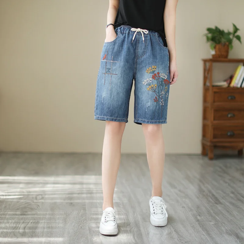 Vintage Embroidered Denim Cropped Pants Women's Summer High Waist Lace Up Straight Pants Art Style Casual  Knee Length Trousers