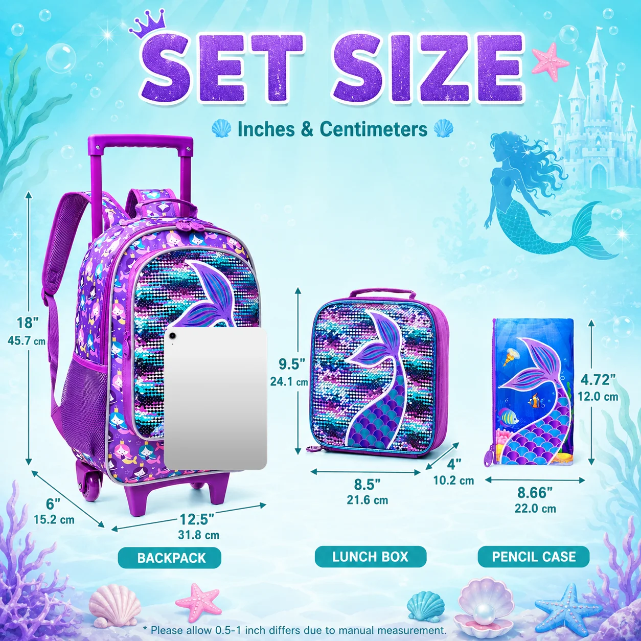 3PCS Rolling Backpack for Girls, Kids Roller Wheels Bookbag, Wheeled School Bag with Lunch Bag - Mermaid