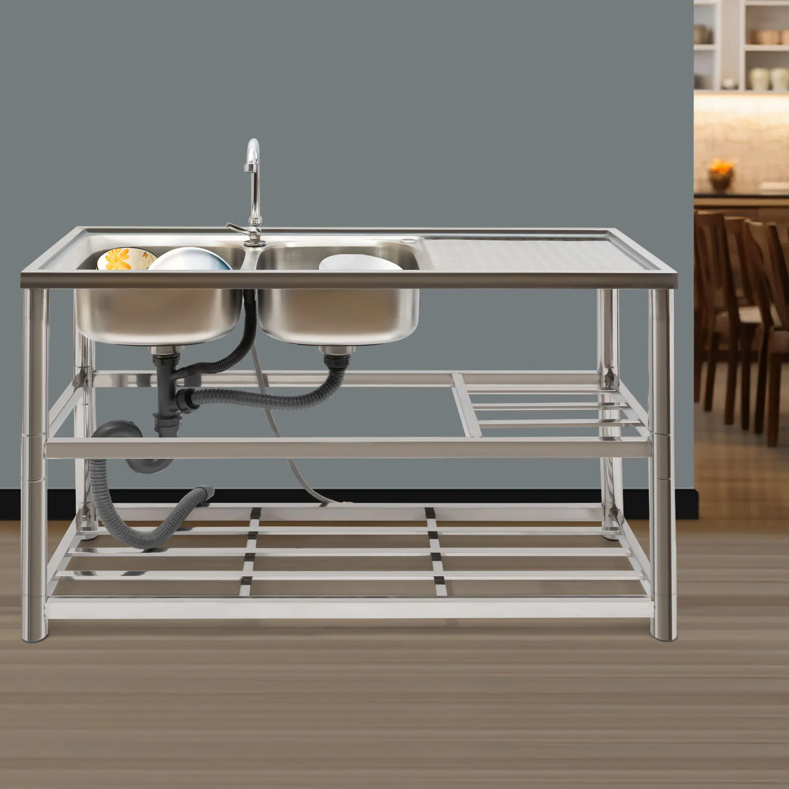 Free Standing Stainless-Steel Double Bowl Commercial  Kitchen Sink Set w/Faucet Drainboard w/Workbench & Double Storage Shelves 4