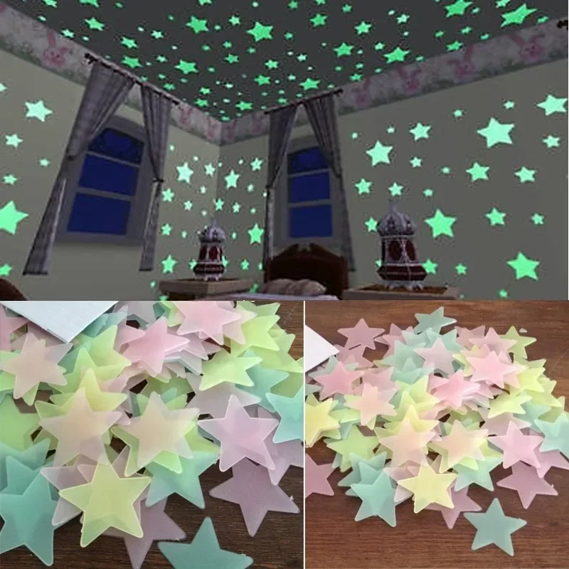 100pcs/set  Pvc Stars Glow Stickers Luminous in Dark Night Wall Art 3D Home Decals for Kids Room Ceiling Switch Decoration