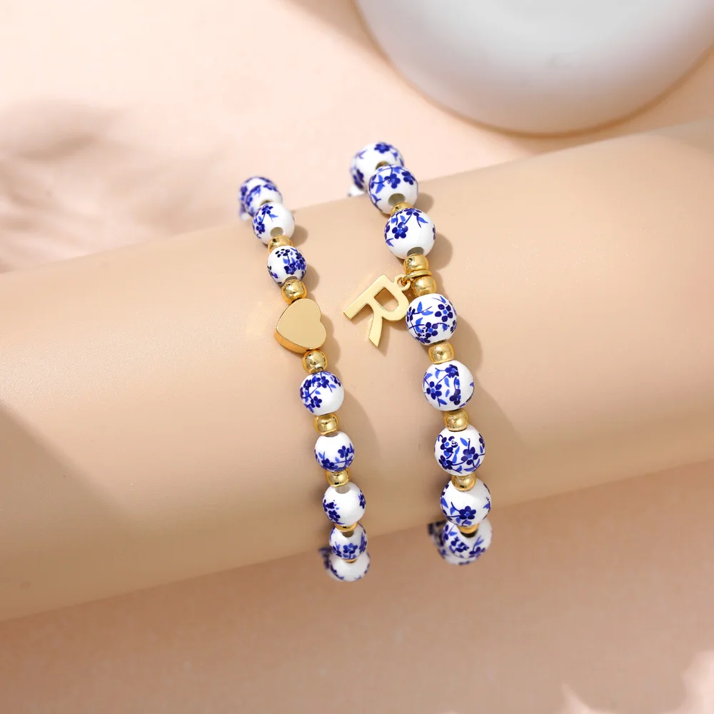 2 Pcs/set Handmade Beads Blue and White Porcelain Letter Bracelet Elastic Rope Initial Alphabet Bangle Birthday Gifts Jewelry