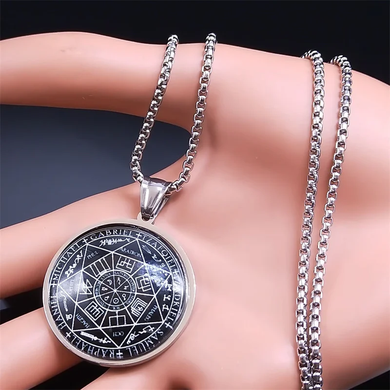 Collana Dei 7 Arcangeli In Acciaio Inossidabile 316L – Ciondolo Sigillo Talismano Con Catena 55cm, Per Uomo E Donna, Nero