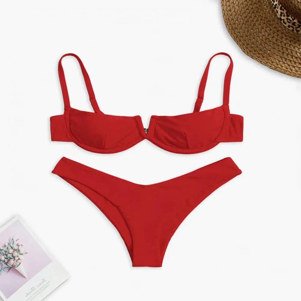 

2 Pcs/Set Women Bikini Set With Wire Solid Color Swimming Adjustable Straps Leopard Print Women Bathing Suit Women Garment